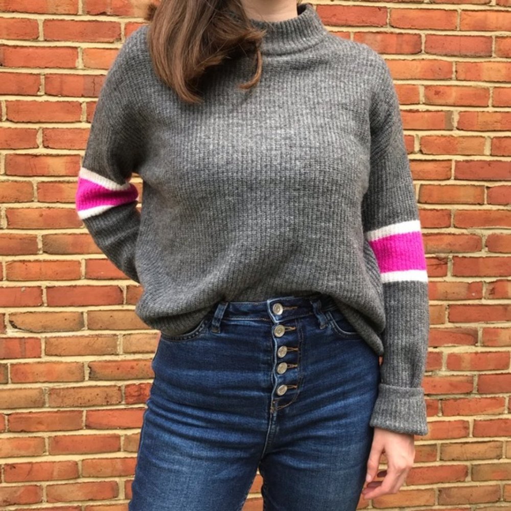 Gray and Pink Revolve John + Jenn Varsity Stripe Mock Neck Sweater